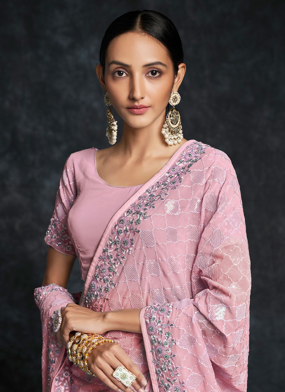 Trendy Saree Georgette Pink Embroidered Saree