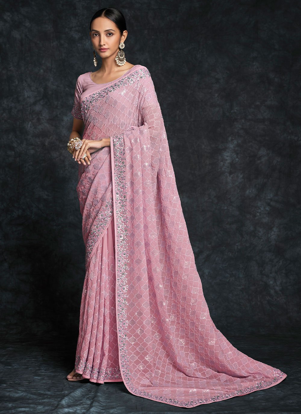 Trendy Saree Georgette Pink Embroidered Saree