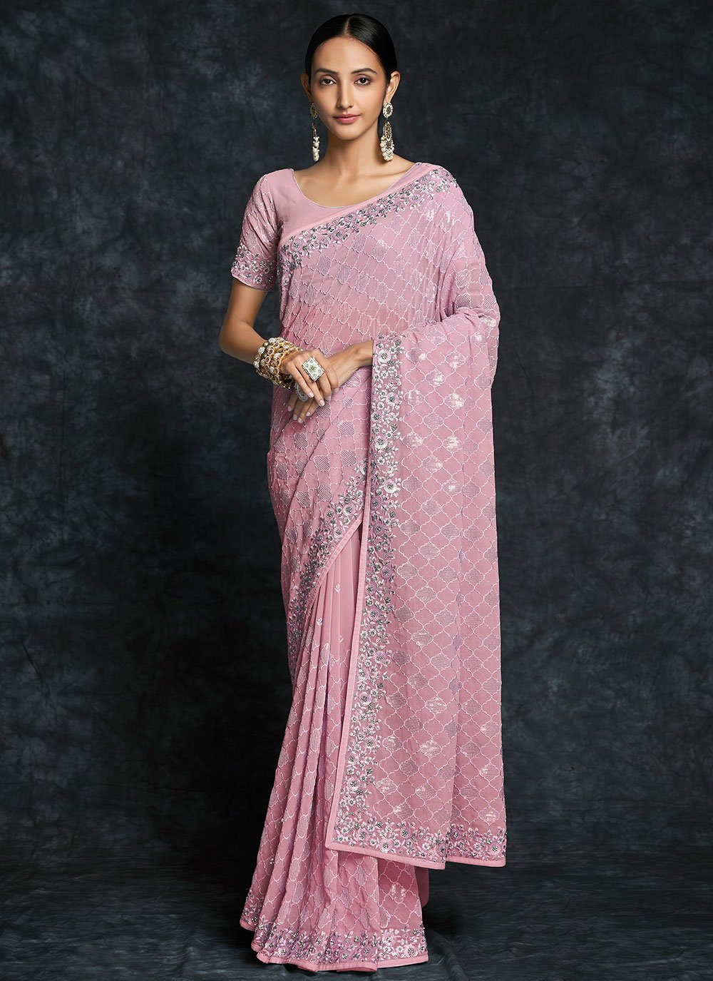 Trendy Saree Georgette Pink Embroidered Saree