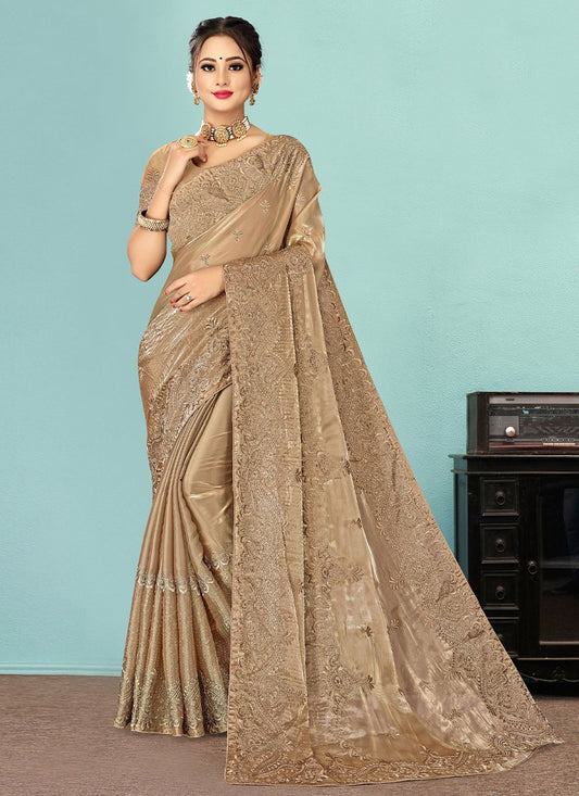 Classic Fancy Fabric Brown Embroidered Saree