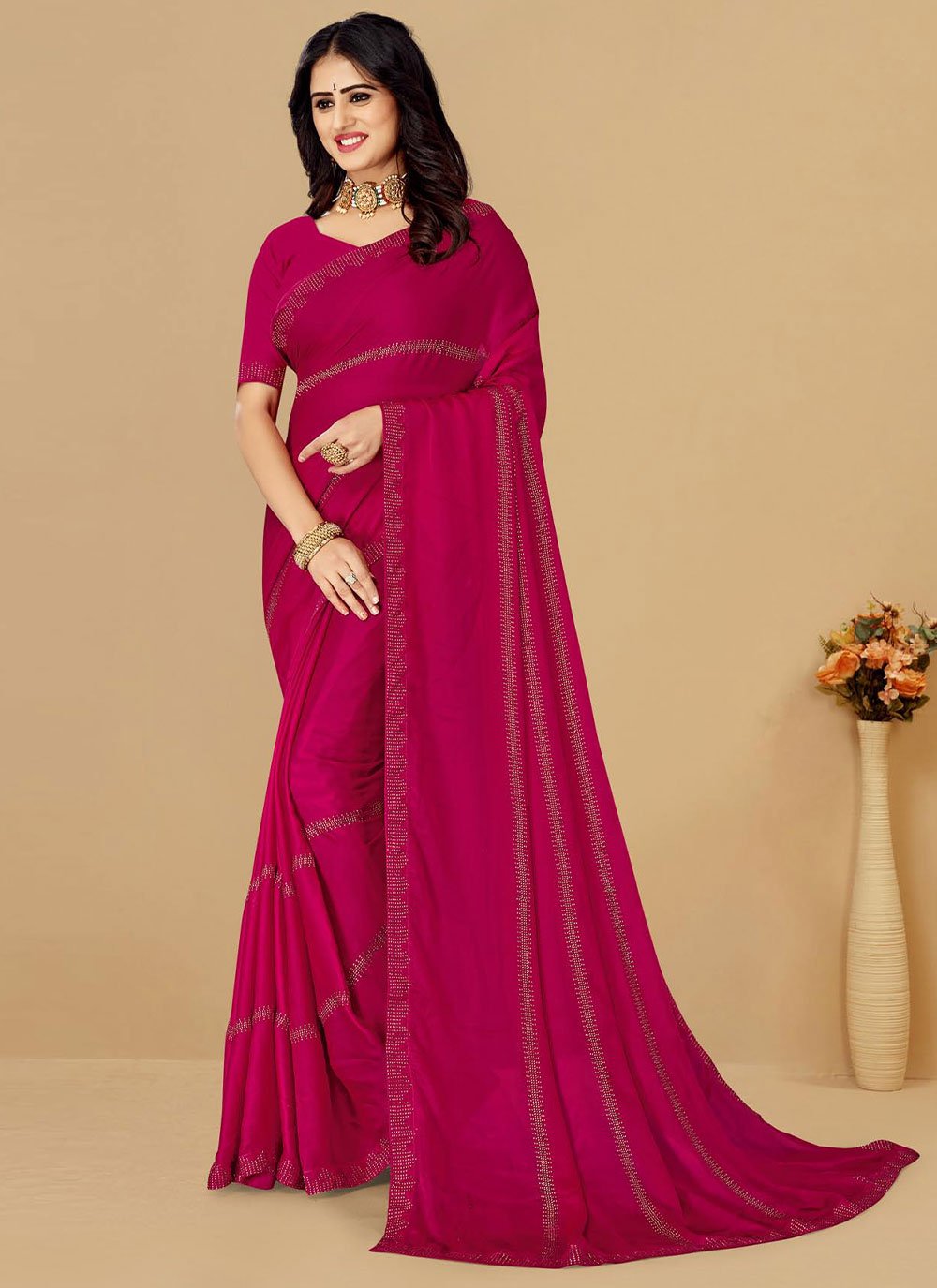 Classic Satin Magenta Embroidered Saree