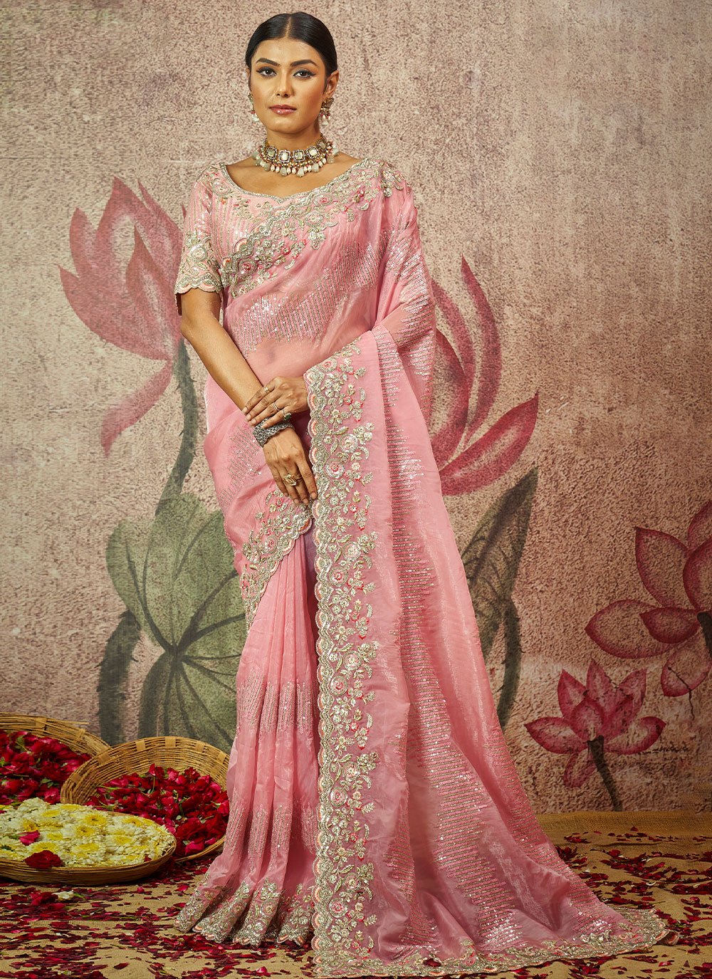 Classic Organza Pink Embroidered Saree