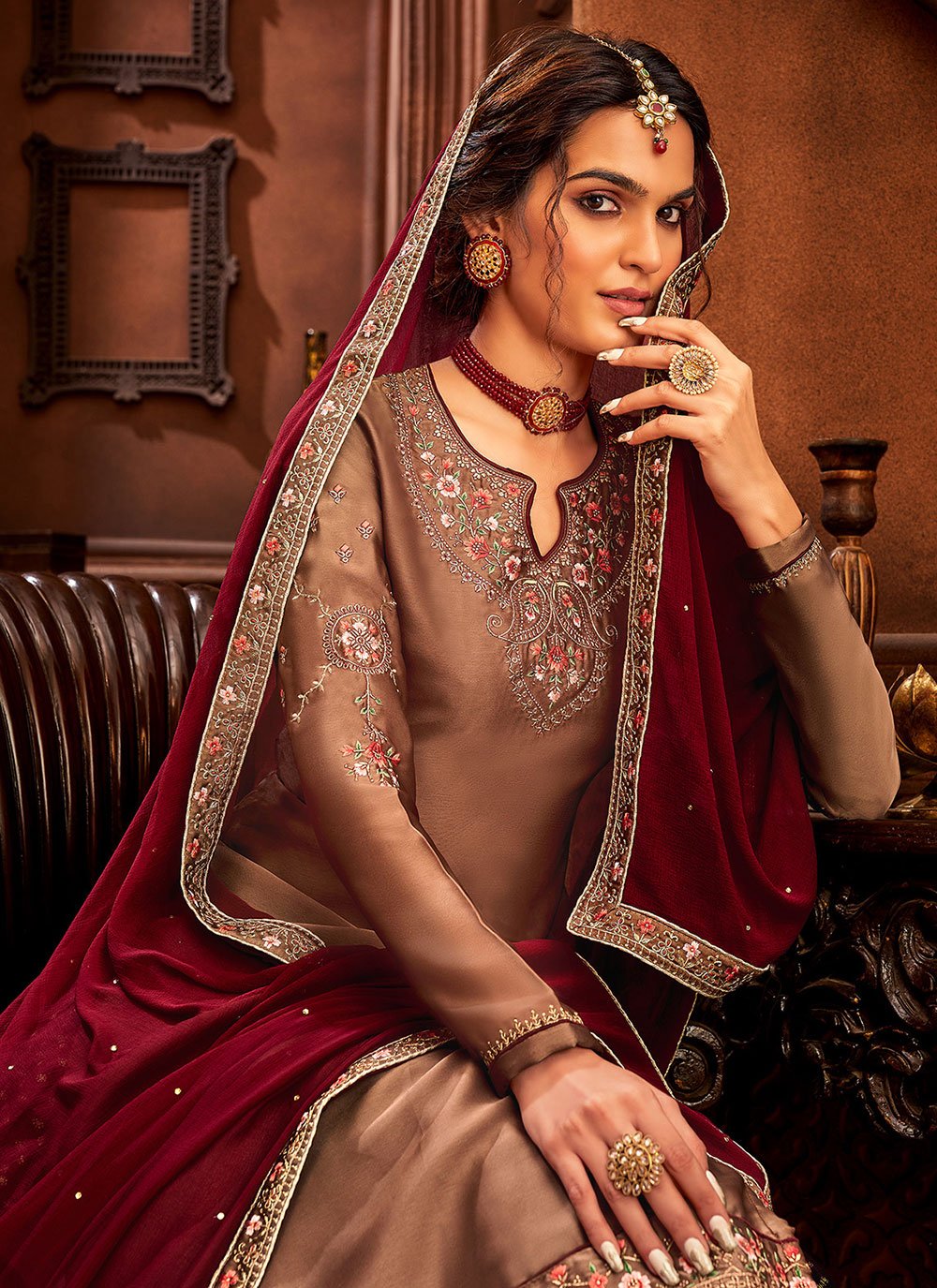 A Line Lehenga Satin Brown Embroidered Lehenga Choli