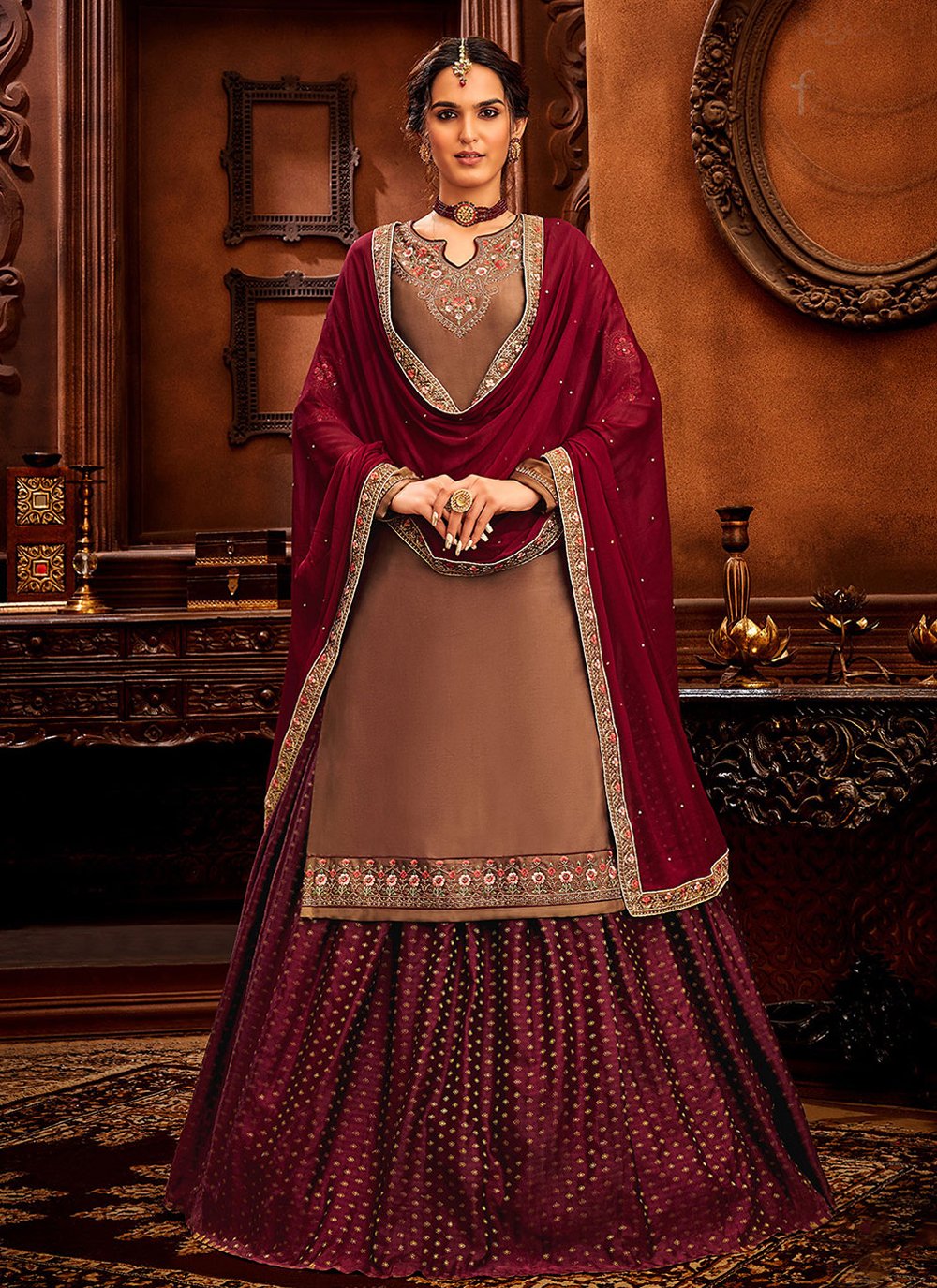 A Line Lehenga Satin Brown Embroidered Lehenga Choli