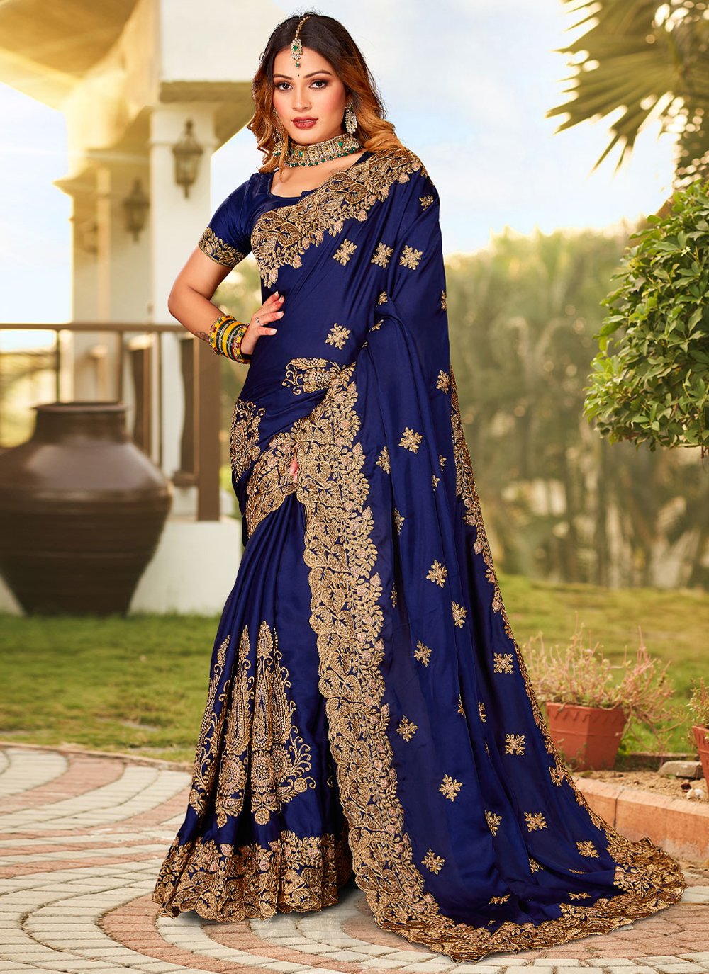 Trendy Saree Satin Blue Embroidered Saree