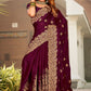 Classic Satin Wine Embroidered Saree
