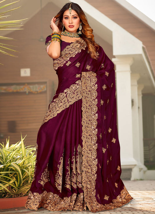 Classic Satin Wine Embroidered Saree