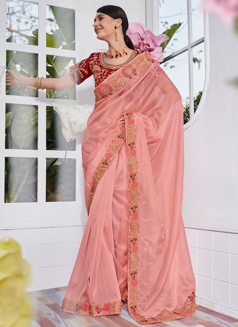 Designer Organza Satin Peach Embroidered Saree