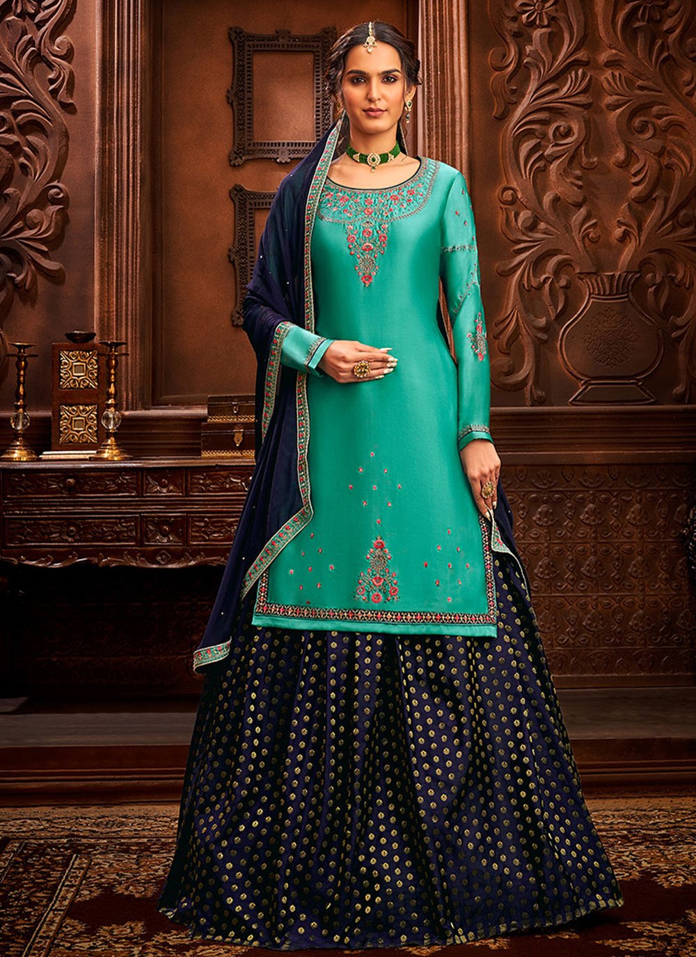 Lehenga Choli Satin Sea Green Embroidered Lehenga Choli