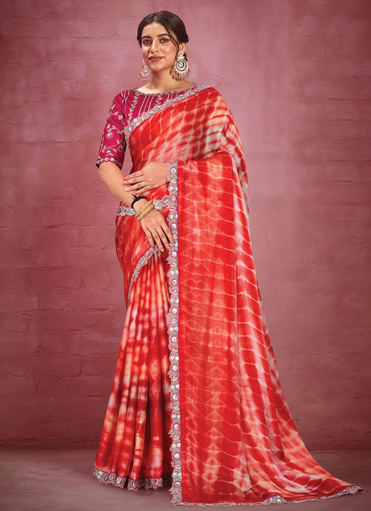 Designer Georgette Satin Silk Red Embroidered Saree