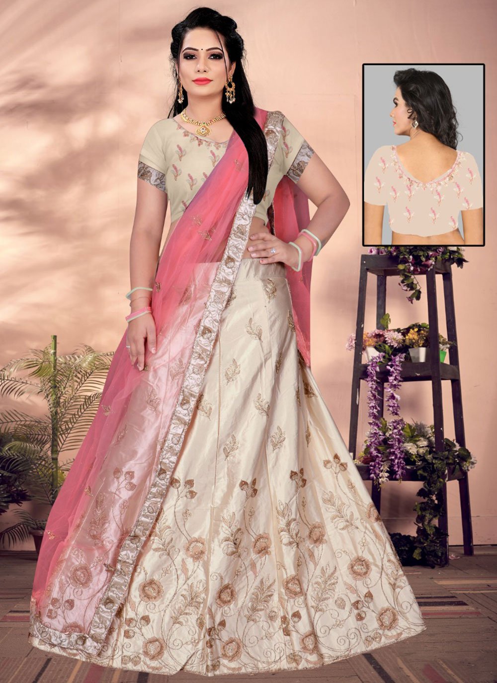 Lehenga Choli Satin Silk Cream Embroidered Lehenga Choli