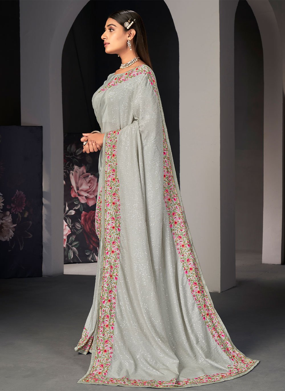 Classic Satin Silk Grey Embroidered Saree