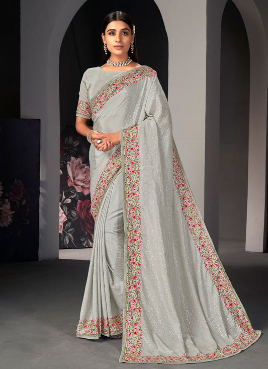 Classic Satin Silk Grey Embroidered Saree