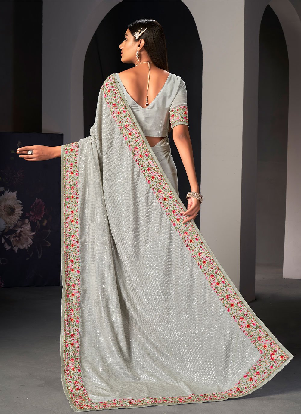 Classic Satin Silk Grey Embroidered Saree