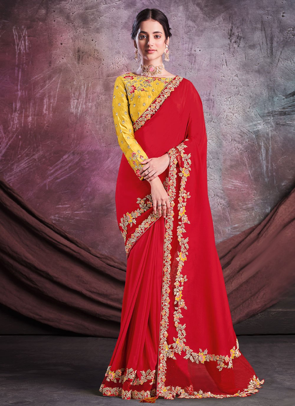 Trendy Saree Satin Silk Red Cord Work Saree