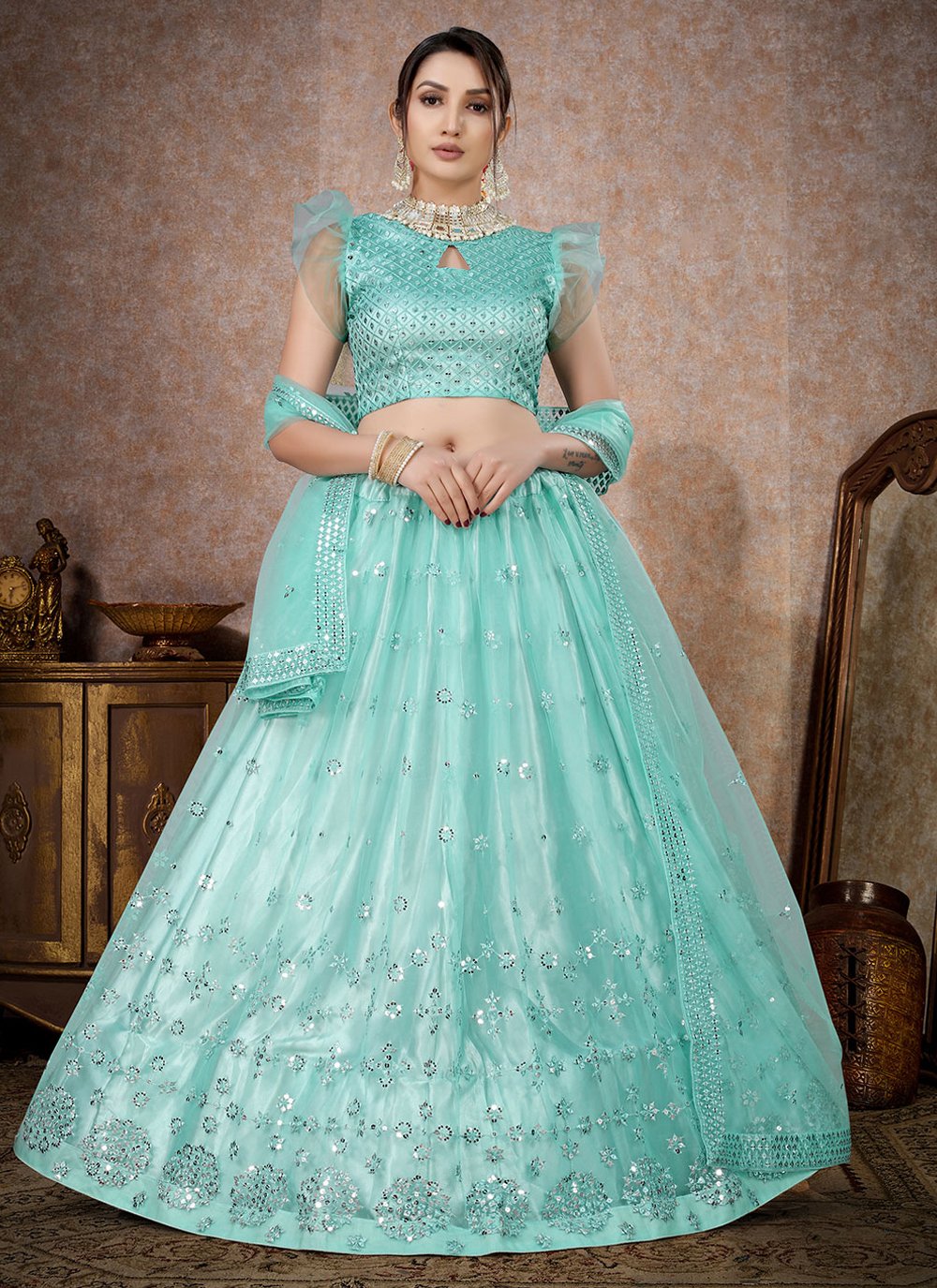 A Line Lehenga Net Sea Green Embroidered Lehenga Choli