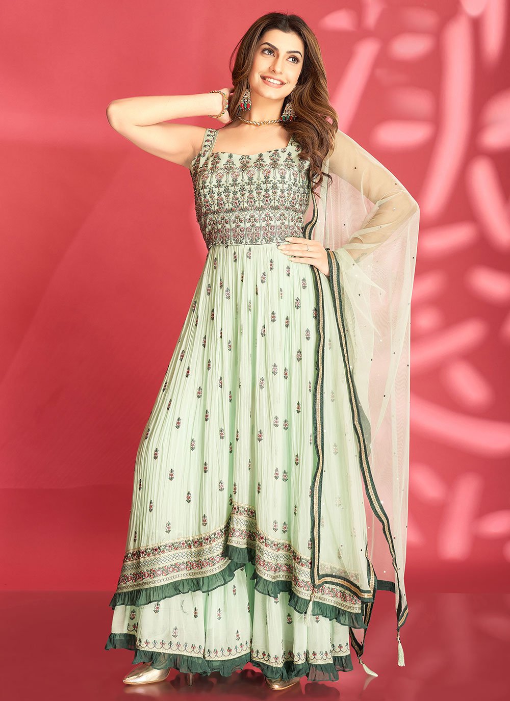 Anarkali Suit Georgette Sea Green Embroidered Salwar Kameez