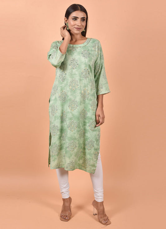 Designer Kurti Cotton Sea Green Embroidered Kurtis