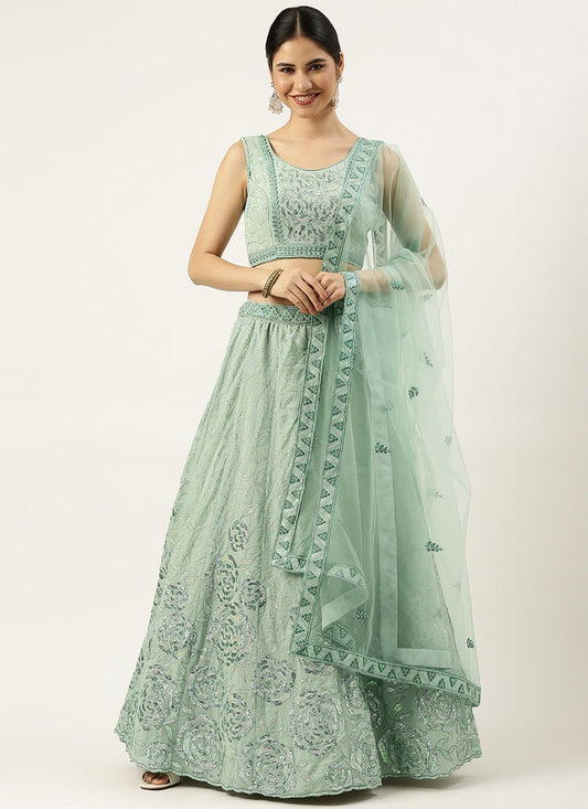 A Line Lehenga Georgette Sea Green Embroidered Lehenga Choli