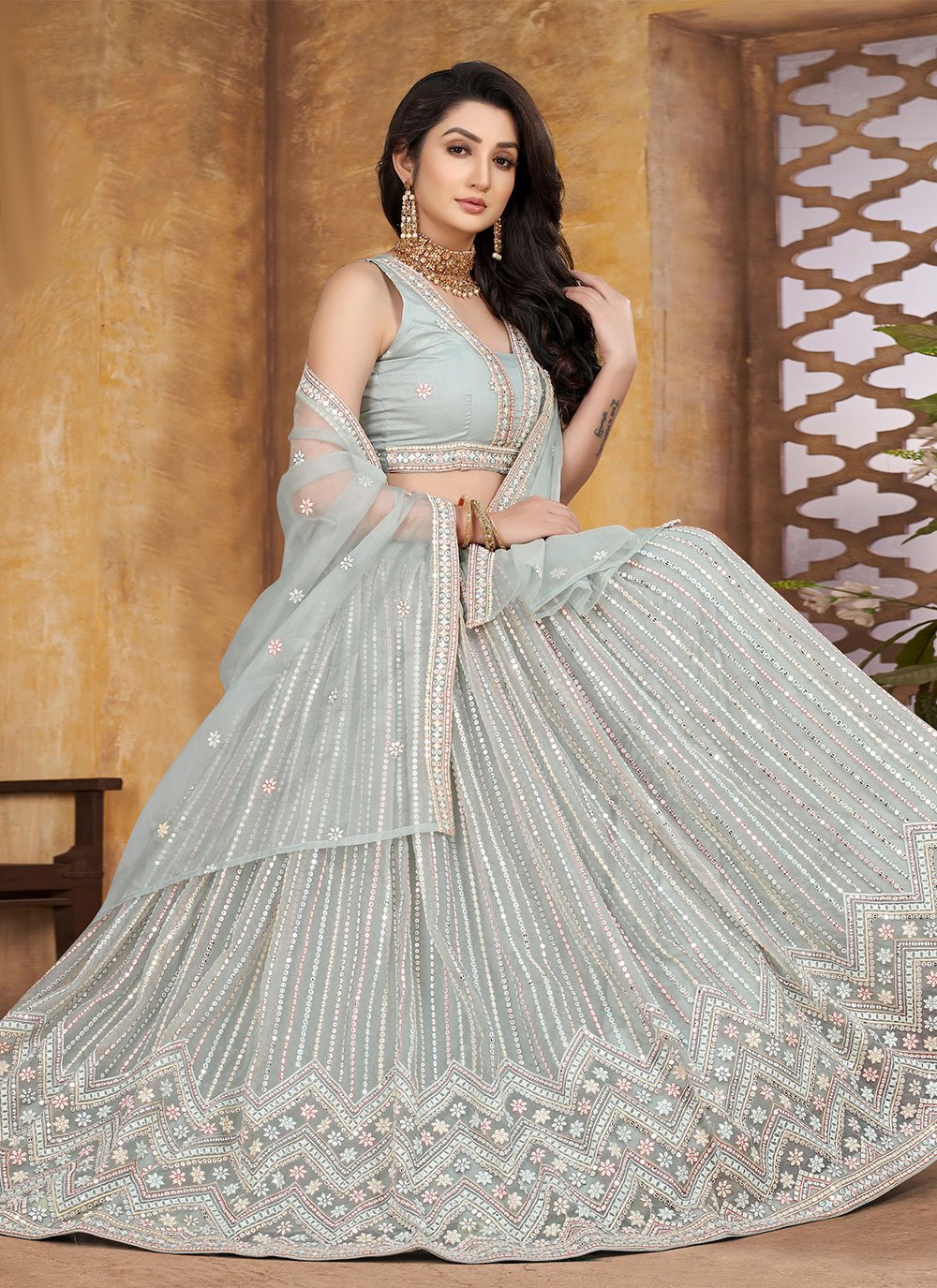 A Line Lehenga Organza Sea Green Embroidered Lehenga Choli