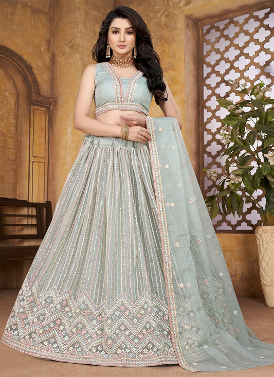 A Line Lehenga Organza Sea Green Embroidered Lehenga Choli