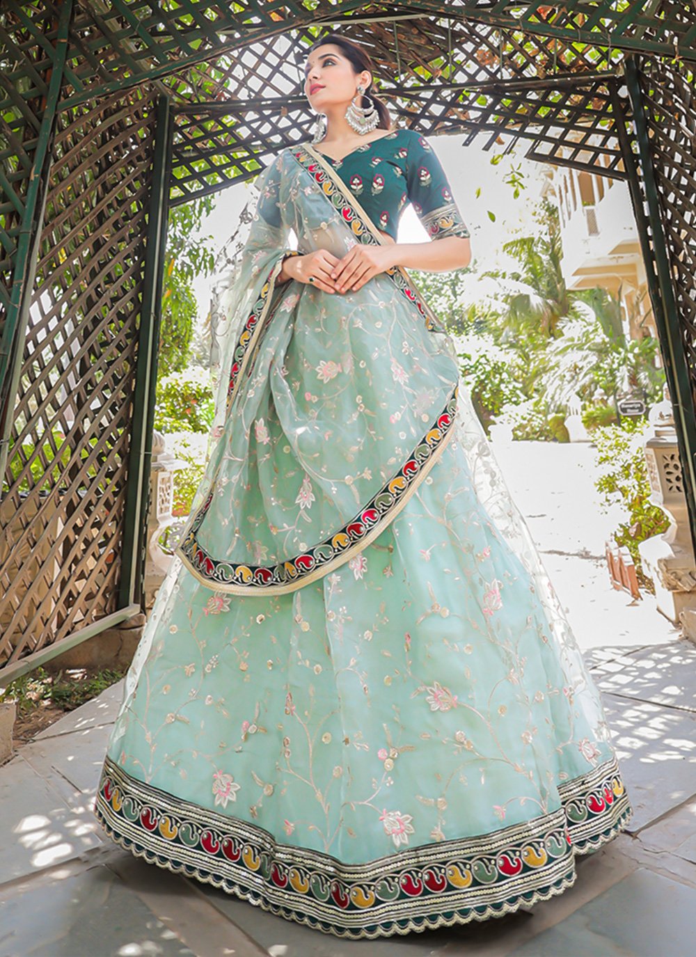 A Line Lehenga Organza Sea Green Embroidered Lehenga Choli