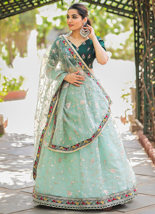 A Line Lehenga Organza Sea Green Embroidered Lehenga Choli