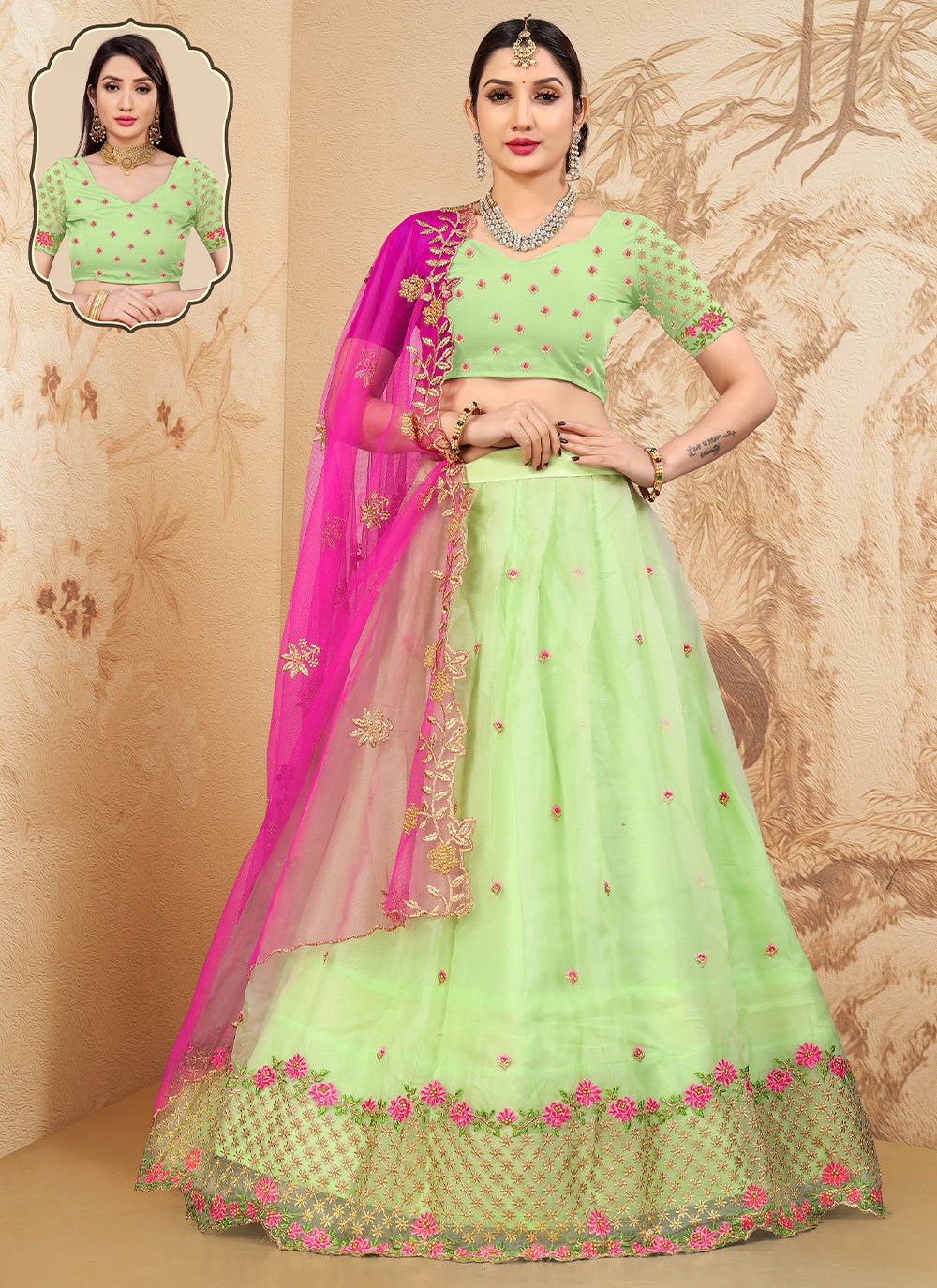 Lehenga Choli Organza Sea Green Embroidered Lehenga Choli