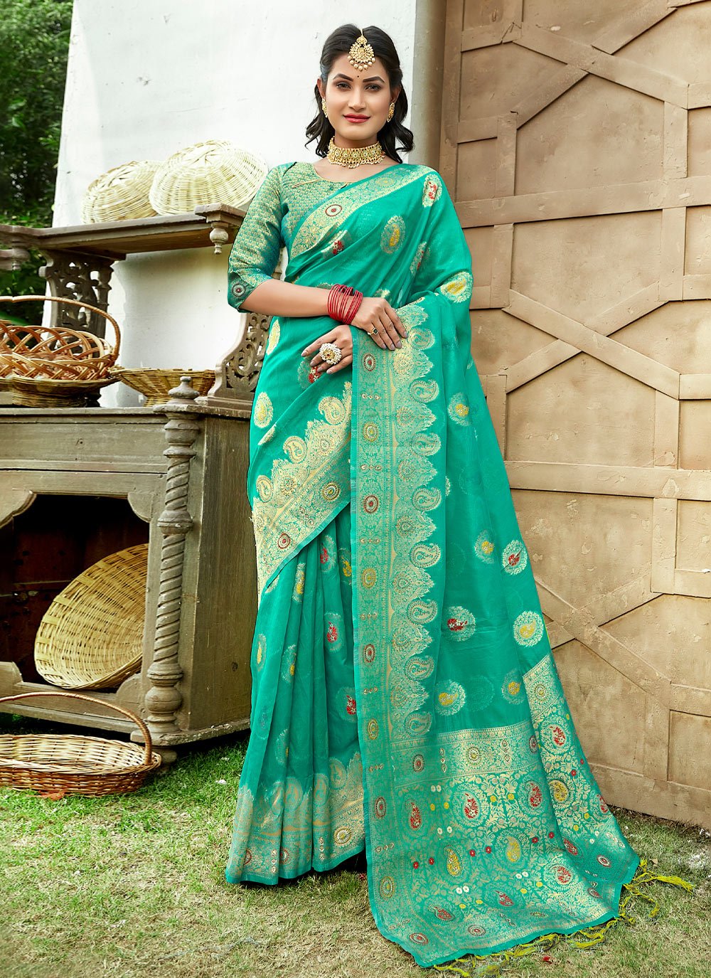 Trendy Saree Organza Sea Green Embroidered Saree