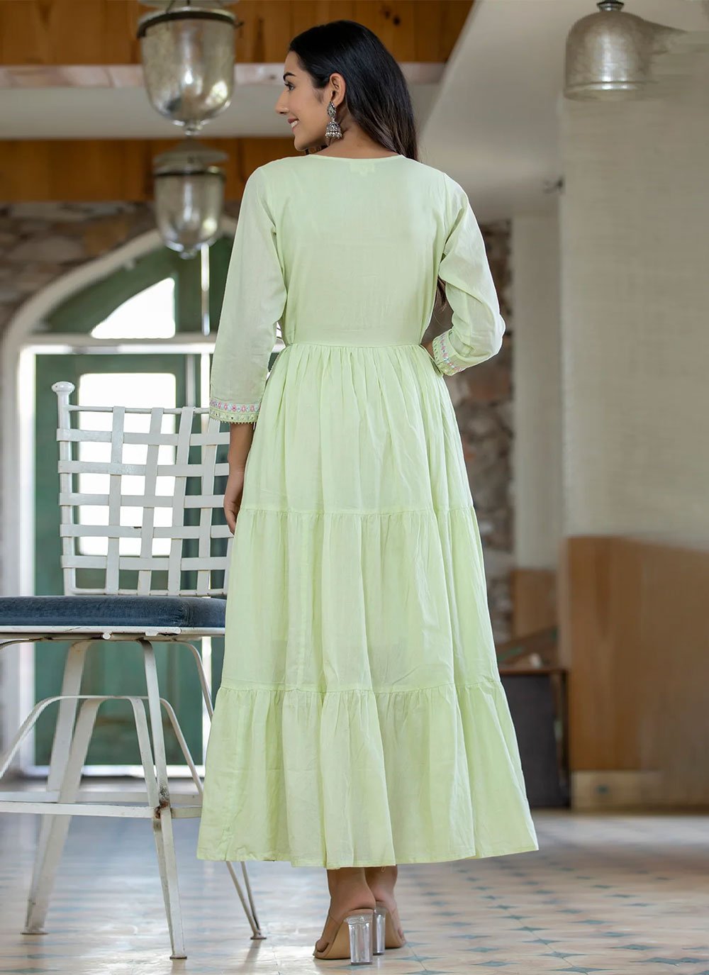 Gown Cotton Sea Green Embroidered Gown