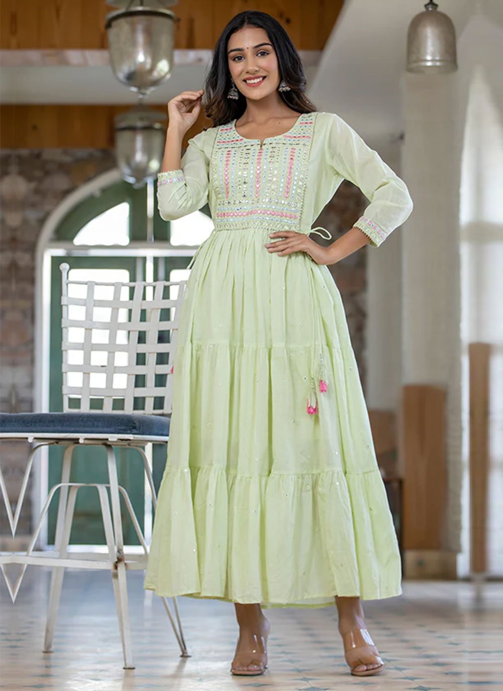 Gown Cotton Sea Green Embroidered Gown