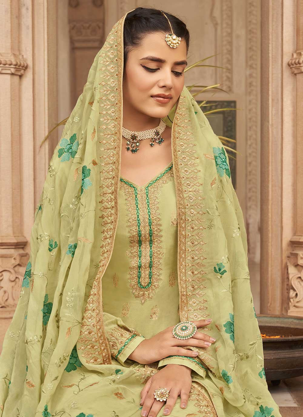 Salwar Suit Jacquard Pure Dola Sea Green Embroidered Salwar Kameez