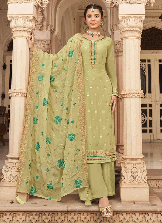 Salwar Suit Jacquard Pure Dola Sea Green Embroidered Salwar Kameez