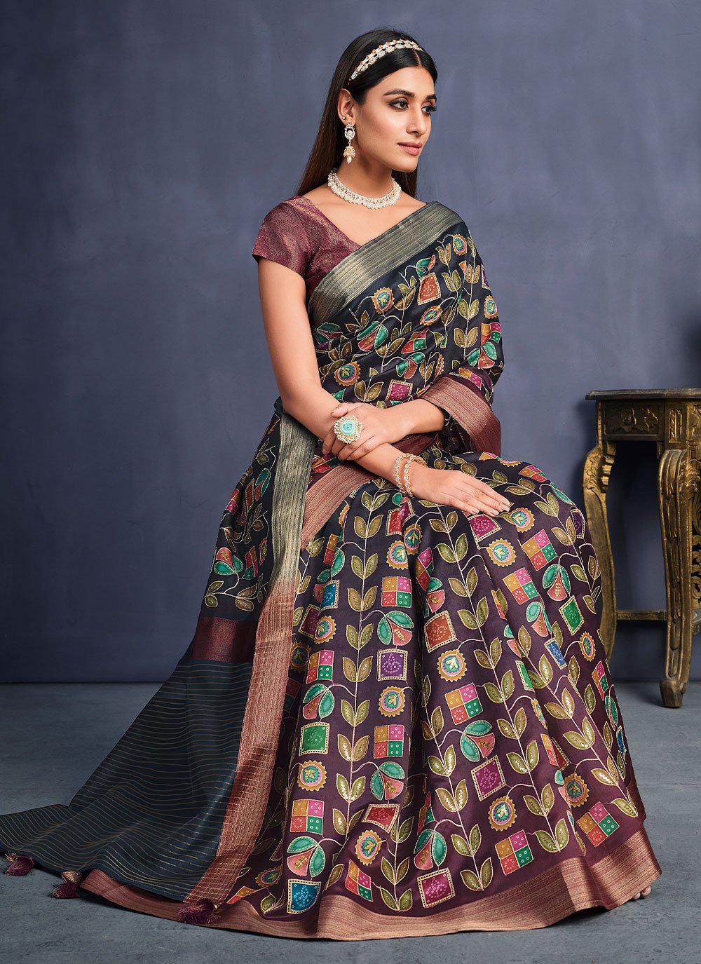 Shaded Saree Tussar Silk Black Maroon Embroidered Saree