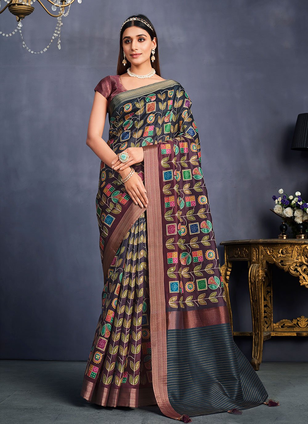 Shaded Saree Tussar Silk Black Maroon Embroidered Saree