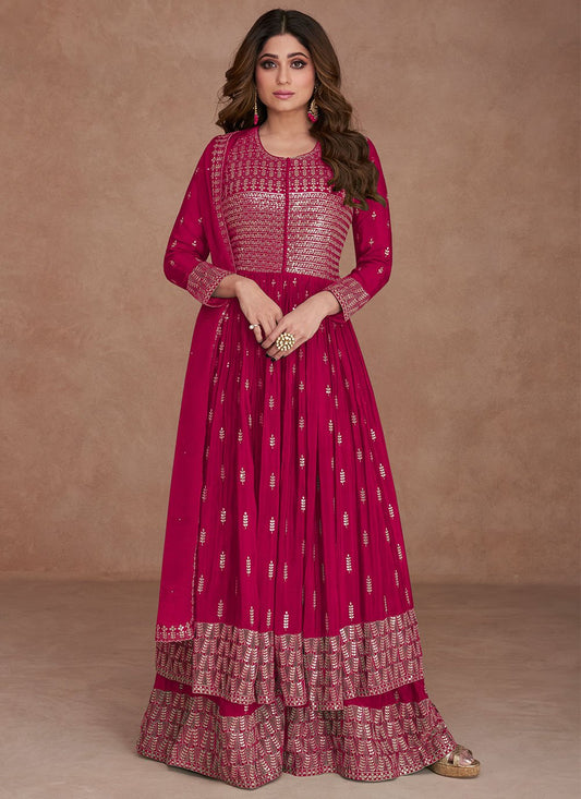 Salwar Suit Georgette Fuchsia Embroidered Salwar Kameez