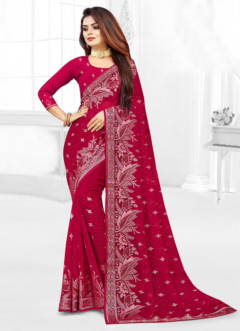 Classic Shimmer Georgette Red Embroidered Saree