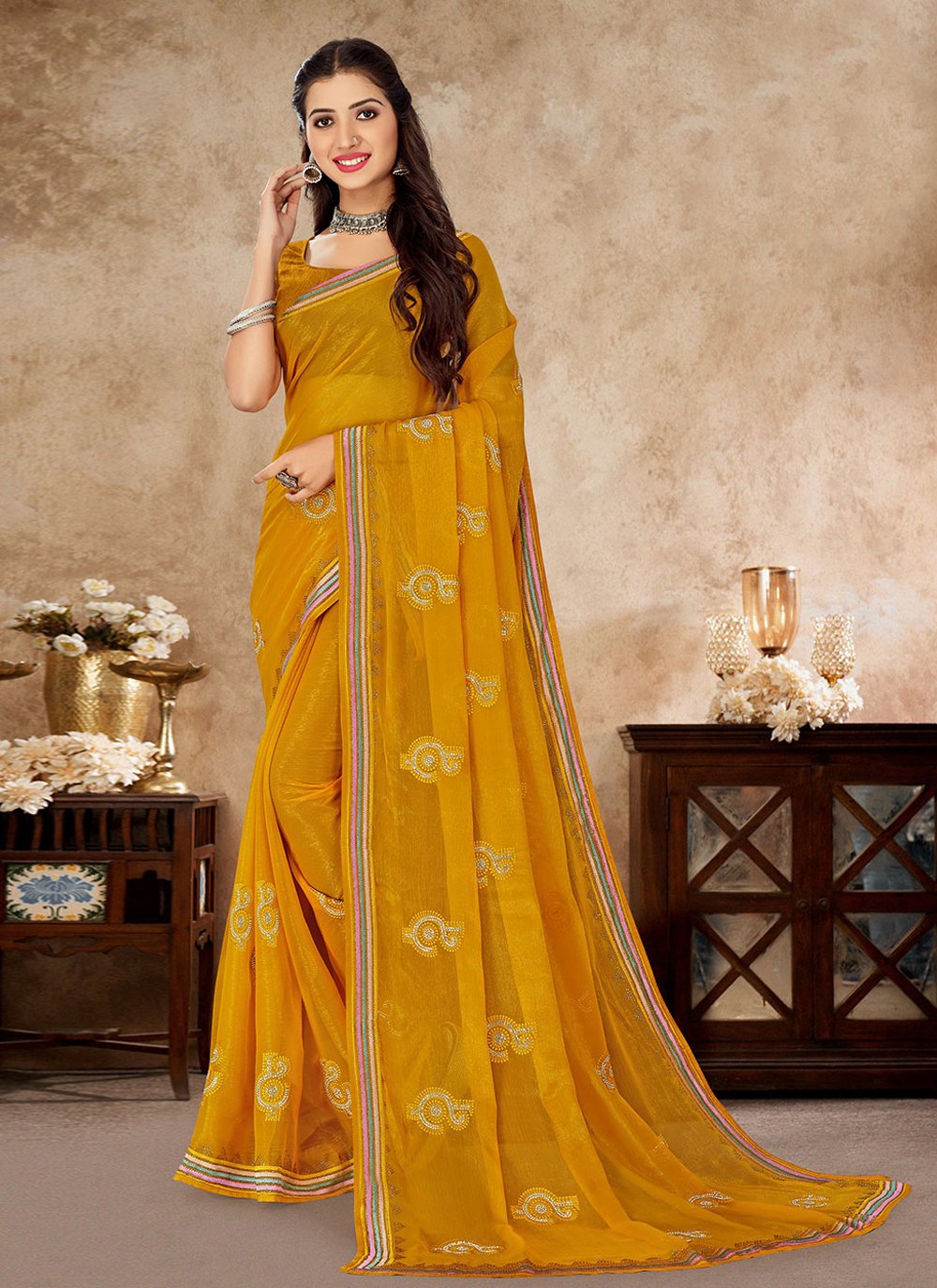 Trendy Saree Shimmer Mustard Embroidered Saree