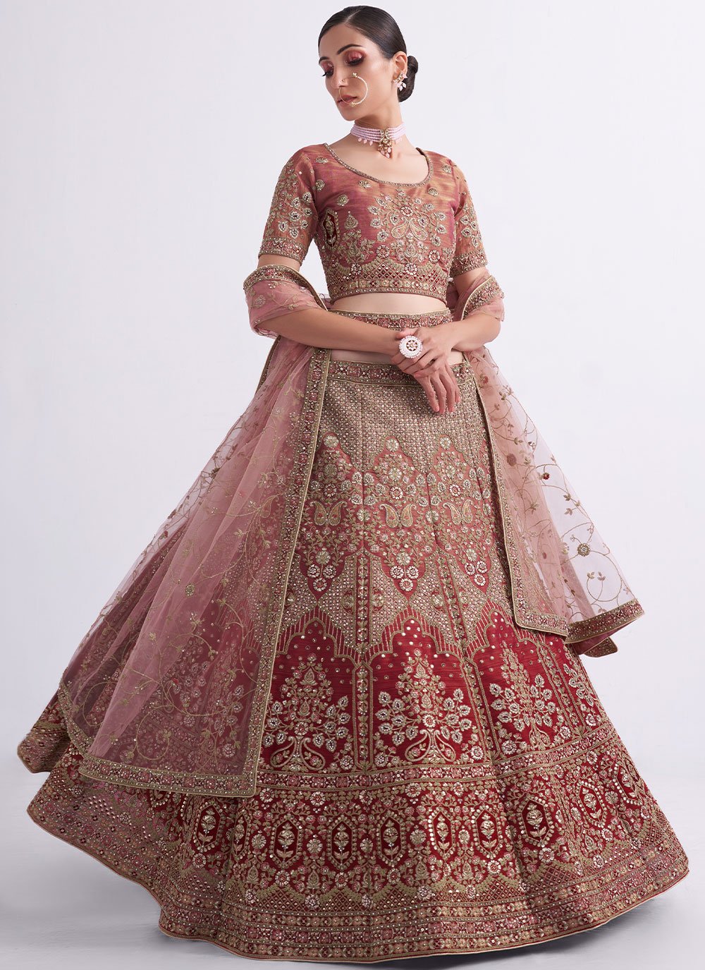 A Line Lehenga Silk Maroon Rust Cord Work Lehenga Choli