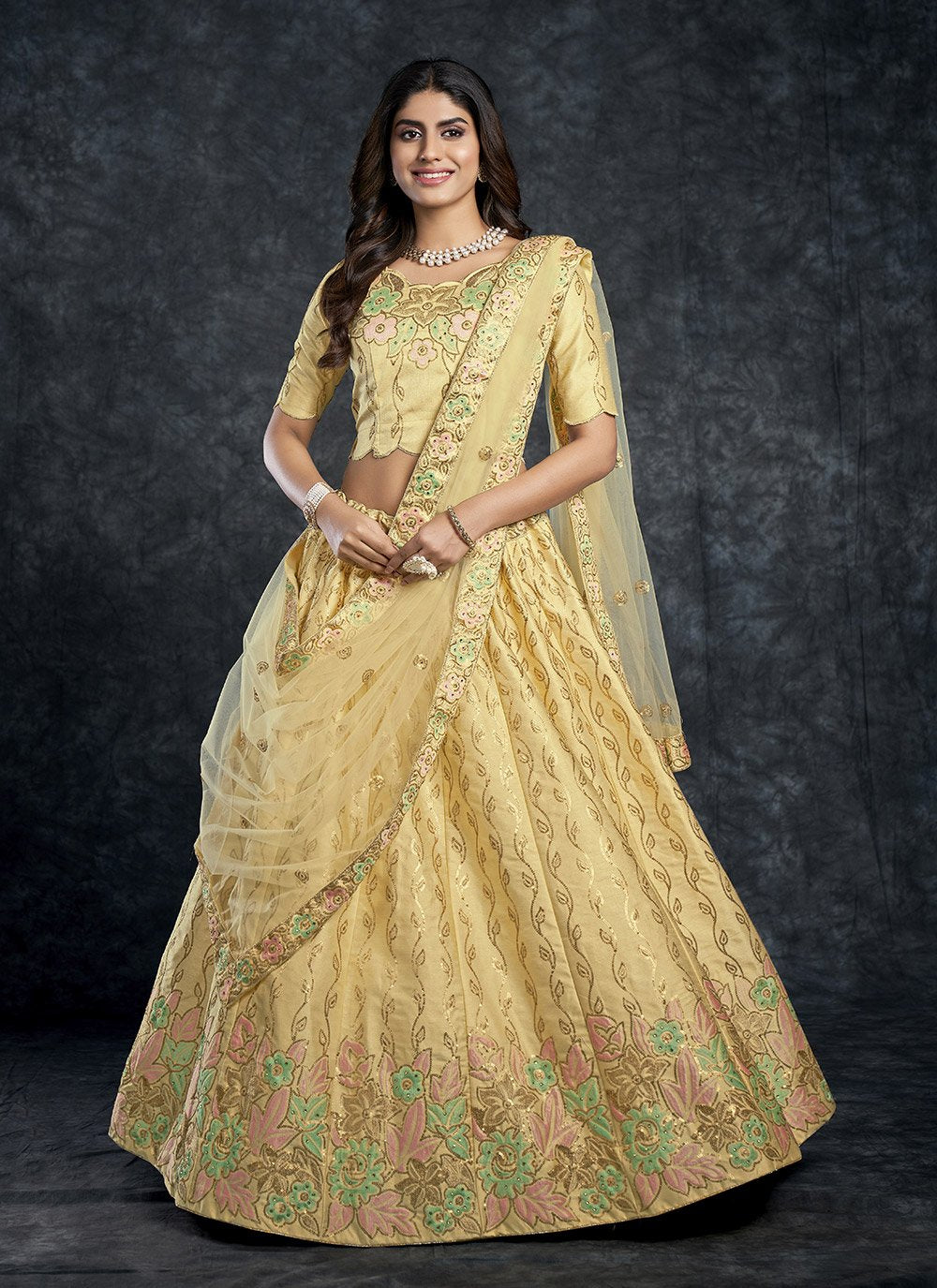 A Line Lehenga Silk Yellow Diamond Lehenga Choli