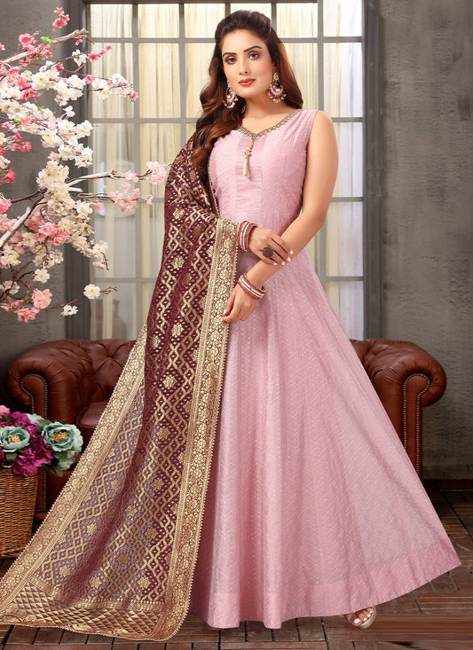 Anarkali Suit Silk Pink Embroidered Salwar Kameez