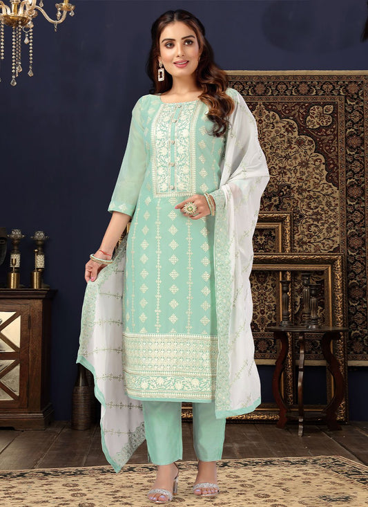 Pant Style Suit Silk Aqua Blue Embroidered Salwar Kameez