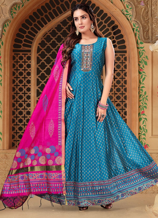 Trendy Suit Silk Aqua Blue Embroidered Salwar Kameez