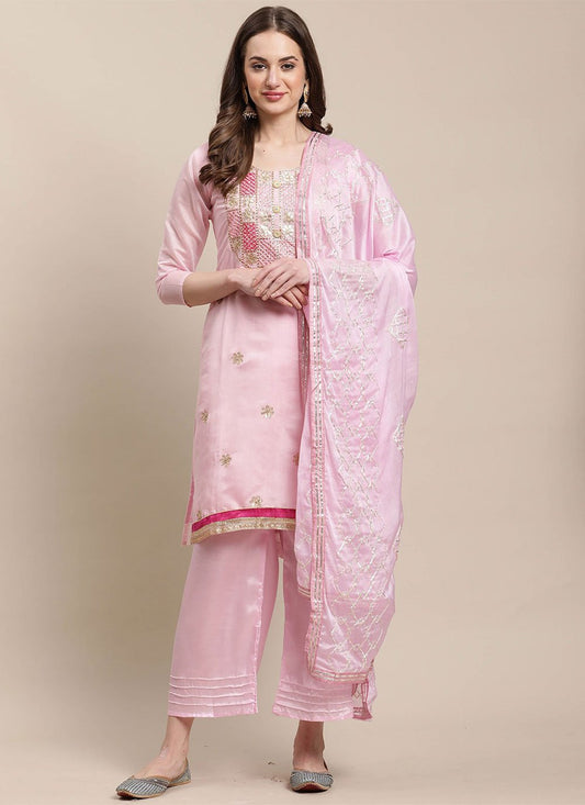 Salwar Suit Silk Blend Pink Embroidered Salwar Kameez