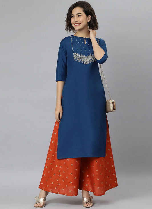 Designer Kurti Silk Blue Embroidered Kurtis