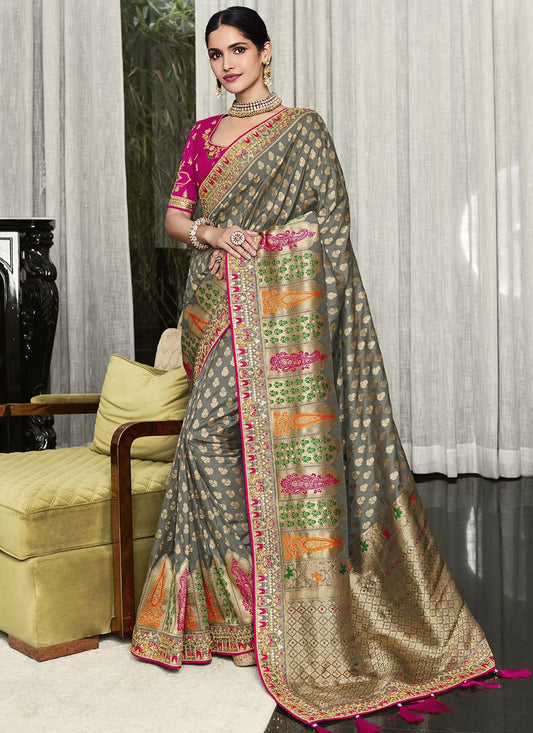 Classic Silk Grey Embroidered Saree