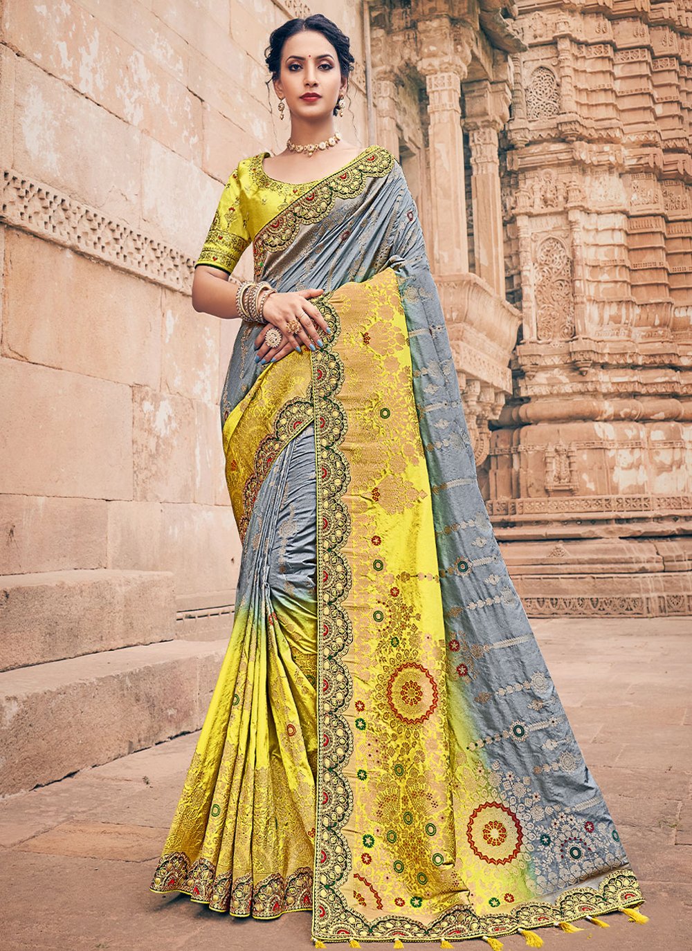 Classic Silk Grey Embroidered Saree