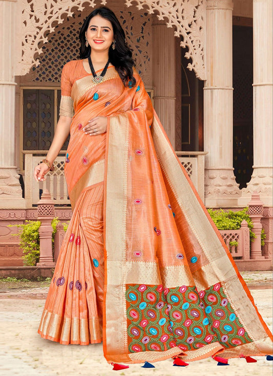 Classic Silk Tissue Orange Embroidered Saree