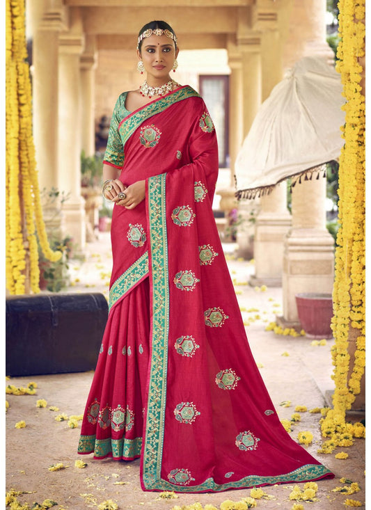 Designer Silk Rani Embroidered Saree