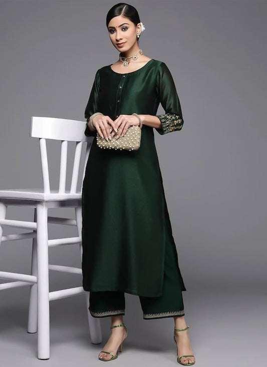 Party Wear Kurti Silk Green Embroidered Kurtis